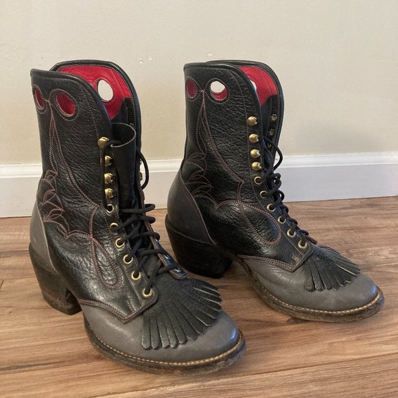 VINTAGE RARE BILTRITE LACE UP KILTIE ROPER BOOTS BLACK/GREY SZ 8.5 M OR 9.5-10 W